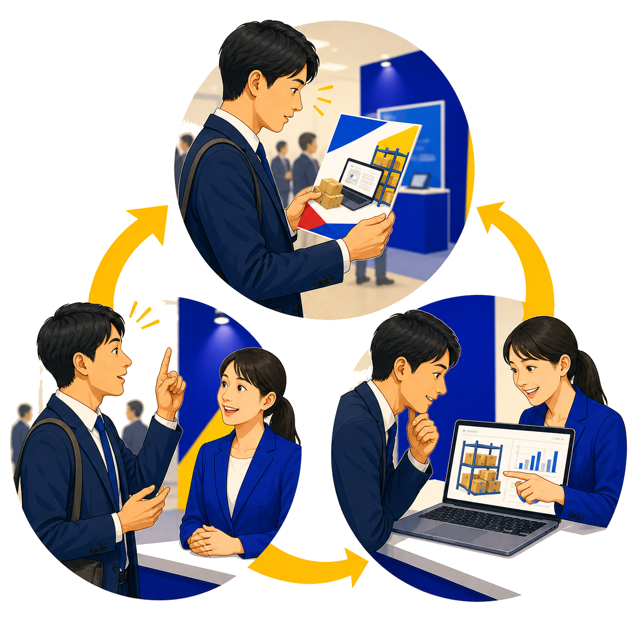 チラシの一言をきっかけに会話が生まれ、アプリのデモにつながる様子